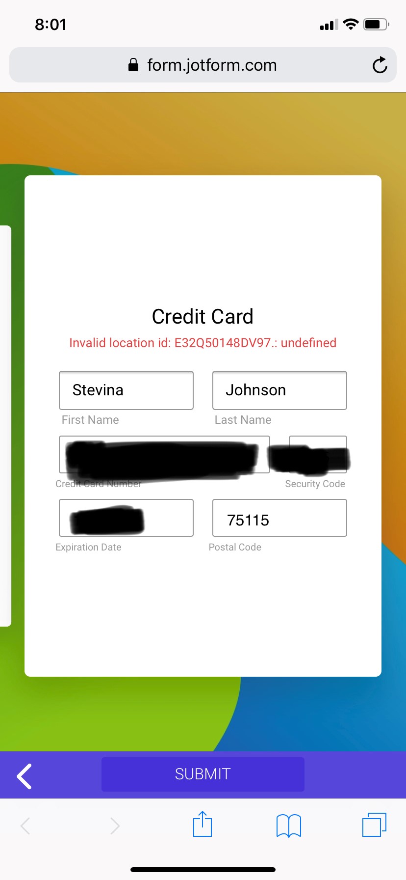 USERS GETTING ERROR MESSAGE AFTER SUBMITTING CREDIT CARD INFORMATION